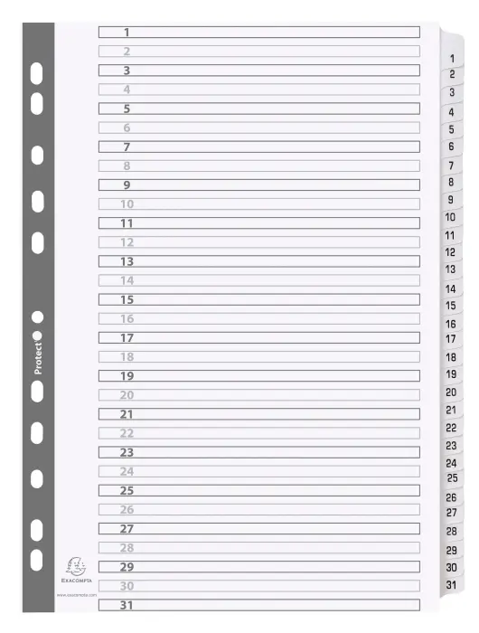 Intercalaires imprimés à touches plastifiées - 31 touches 1 à 31 - A4 - Blanc