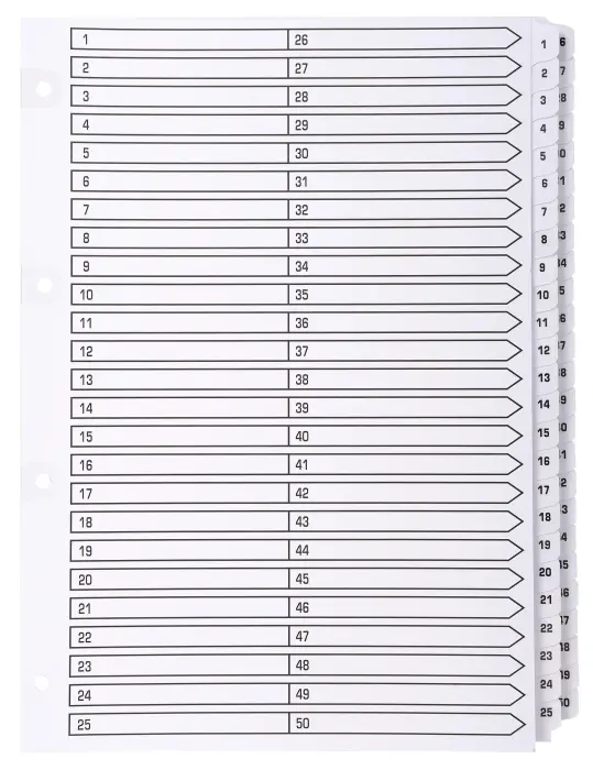 Intercalaires imprimés à touches plastifiées - 50 touches 1 à 50 - A4 - Blanc
