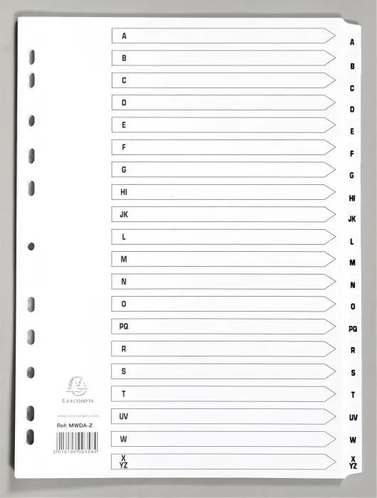 Intercalaires imprimés à touches plastifiées - 20 touches AZ - A4 - Blanc