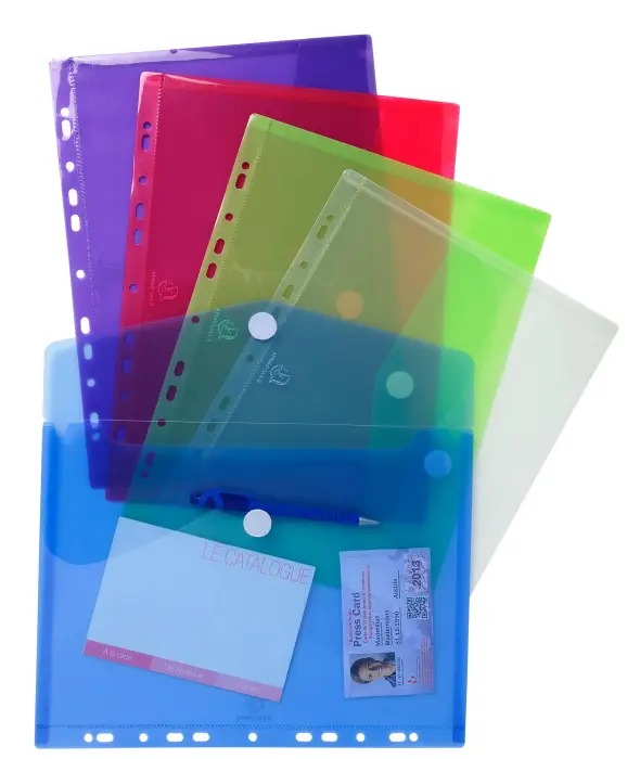 Sachet de 5 pochettes-enveloppes perforées polypropylène - A4 - Couleurs assorties