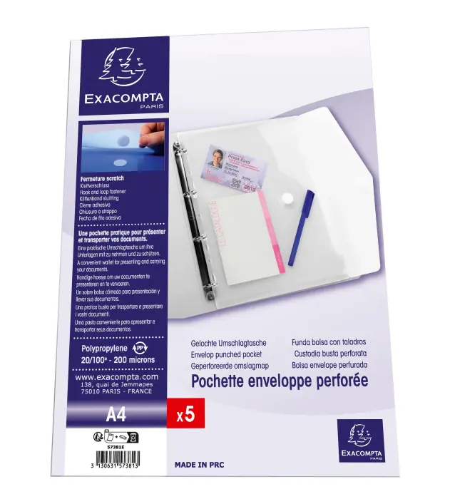 Sachet de 5 pochettes-enveloppes perforées polypropylène - A4 - Incolore