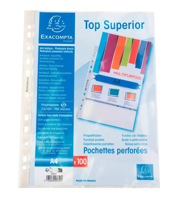Sachet de 100 pochettes perforées polypropylène lisse Qualité + - A4 - Cristal