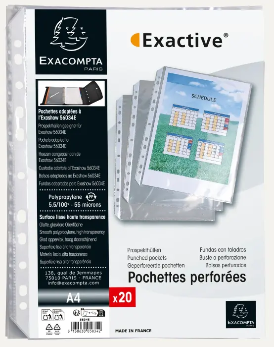 Sachet de 20 pochettes perforées pour classeur Exactive - polypropylène lisse 5,5/100e - Cristal