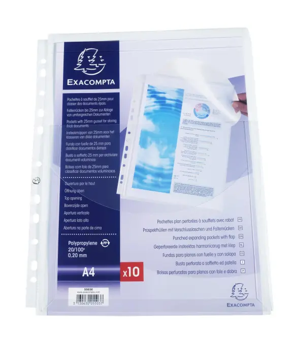 Sachet de 10 pochettes à soufflet avec rabat - polypropylène 20/100e - A4 - Cristal