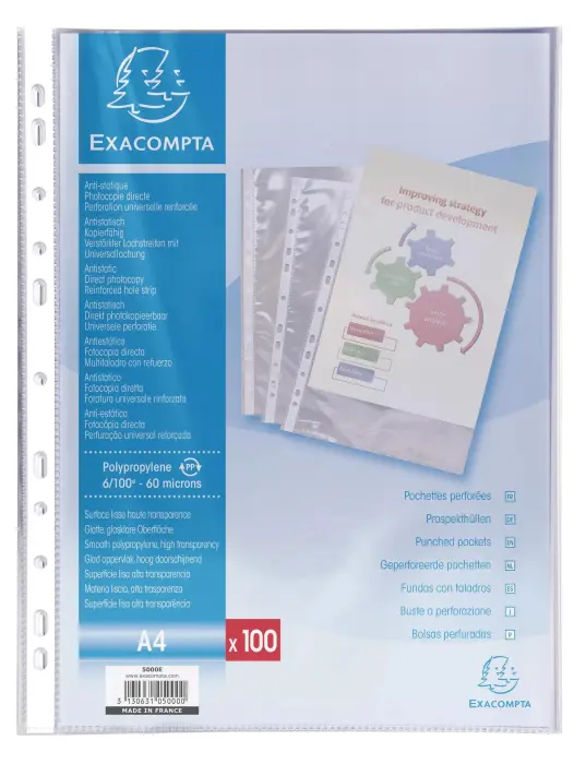 Etui carton de 100 pochettes perforées polypropylène lisse 6/100e - A4 - Cristal