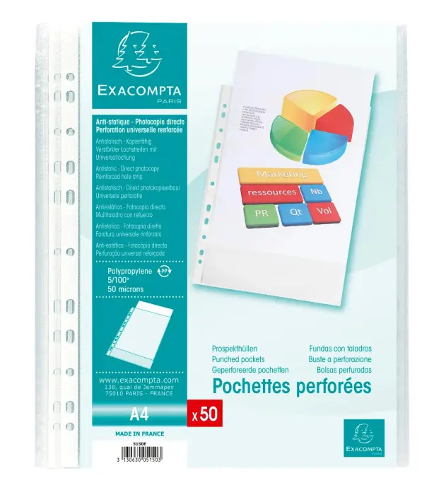 Sachet de 50 pochettes perforées polypropylène grainé 5/100e - A4 - Cristal