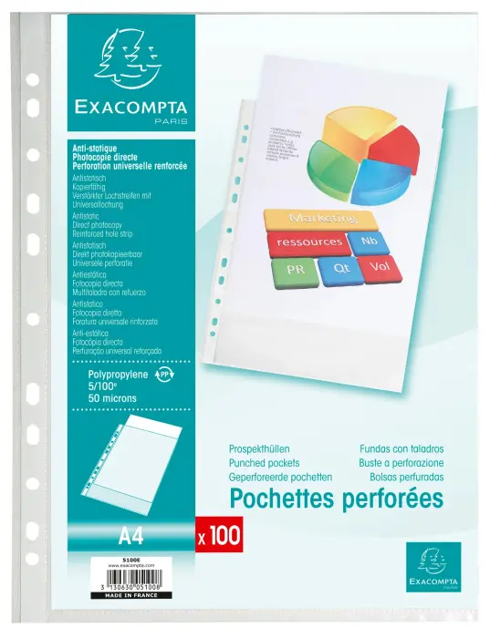 Sachet de 100 pochettes perforées polypropylène grainé 5/100e - A4 - Cristal