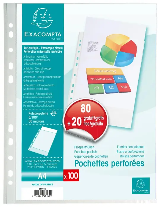 Sachet de 100 pochettes perforées PP grainé 50 microns livré en demi box palette- A4 - Cristal