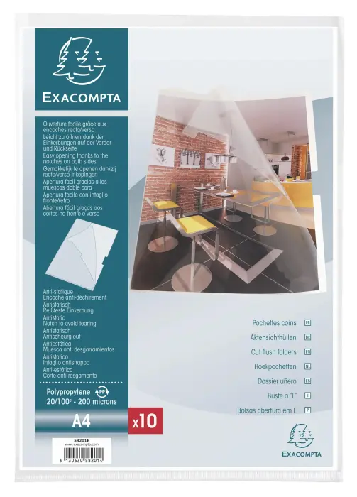 Sachet de 10 pochettes coin avec encoches polypropylène lisse rigide Haute Qualité 20/100e - A4 - Cristal