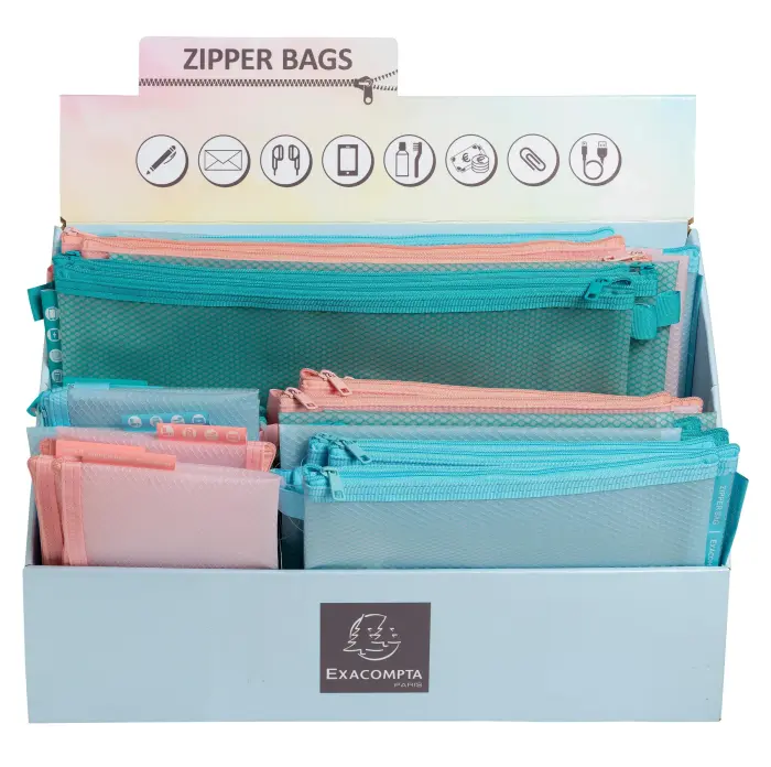 Présentoir de 36 pochettes zip A4-A5-A6 Chromaline pastel - Couleurs assorties
