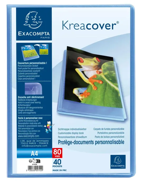 Protége-documents en polypropylène semi rigide Kreacover Chromaline 80vues - A4 - Bleu