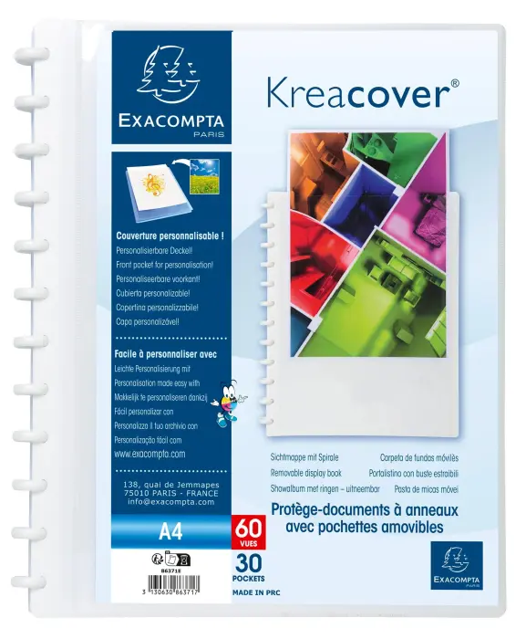 Protège-documents à anneaux et pochettes détachables KreaCover® 60 vues - A4 - Blanc