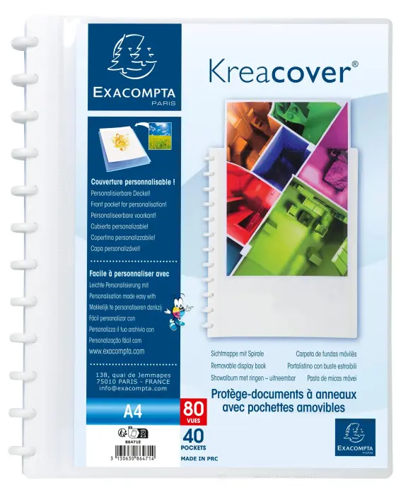 Protège-documents à anneaux et pochettes détachables KreaCover 80 vues - A4 - Blanc