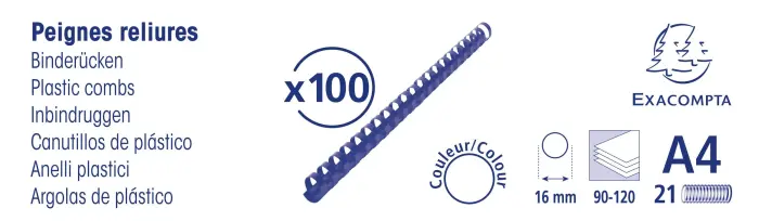 Boite 100 reliures spirales plastique 16mm - Noir