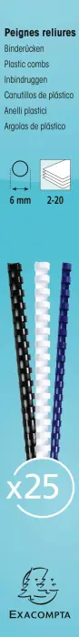 Boite 25 reliures spirales plastique 6mm - Blanc