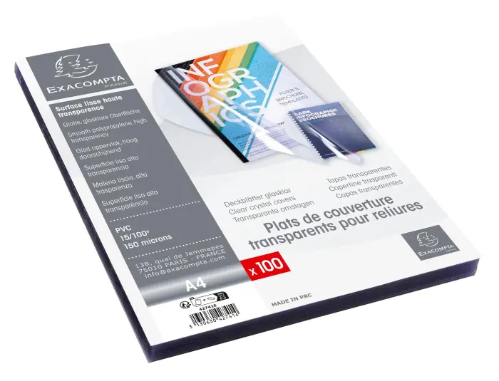 Boite de 100 plats pour relier PVC 15x100e - A4 - Cristal