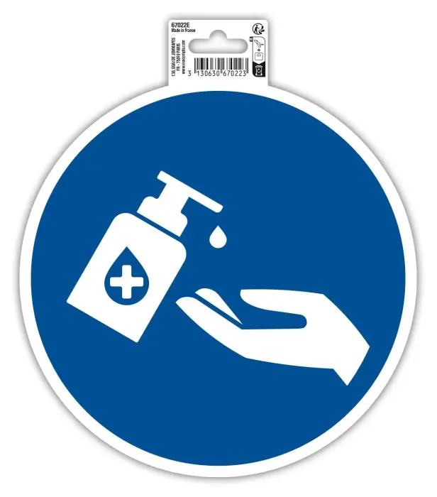 Panneau PVC adhésif antidérapant Gel main obligatoire 20 cm - Bleu