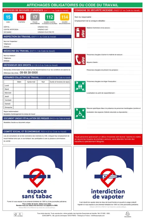Affichages obligatoires code du travail 40x60 cm - Blanc