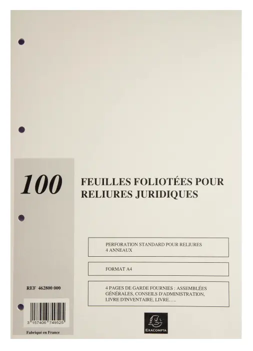 Recharge de 100 feuillets A4 80g pour reliure juridique 4 anneaux - Ivoire