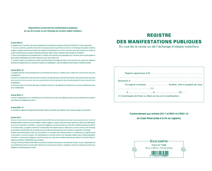 Piqûre 32x19,5cm - Registre d'identification des vendeurs en vue d'une manifestation publique - Couleurs assorties