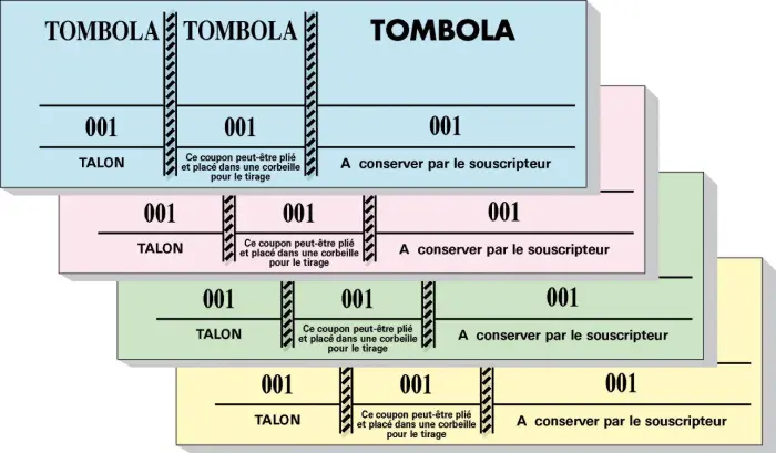 Bloc tombola 100 feuillets numérotés de 3 volets - Format 4,8x15 cm - Couleurs assorties