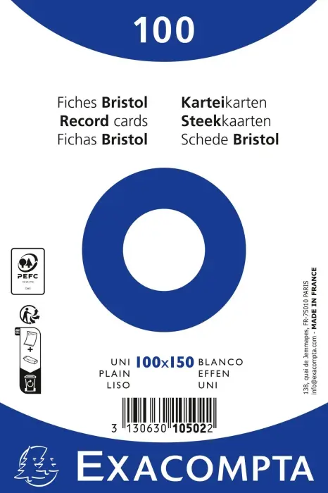 Paquet 100 fiches sous film - bristol uni non perforé 100x150mm - Blanc