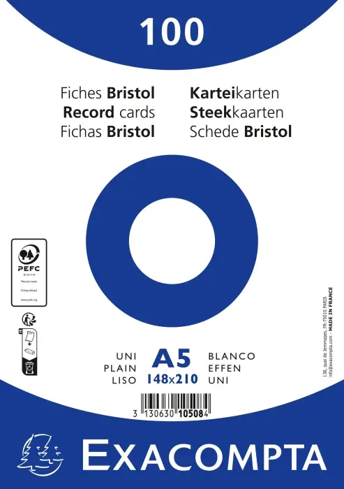 Paquet 100 fiches sous film - bristol uni non perforé 148x210mm - Blanc