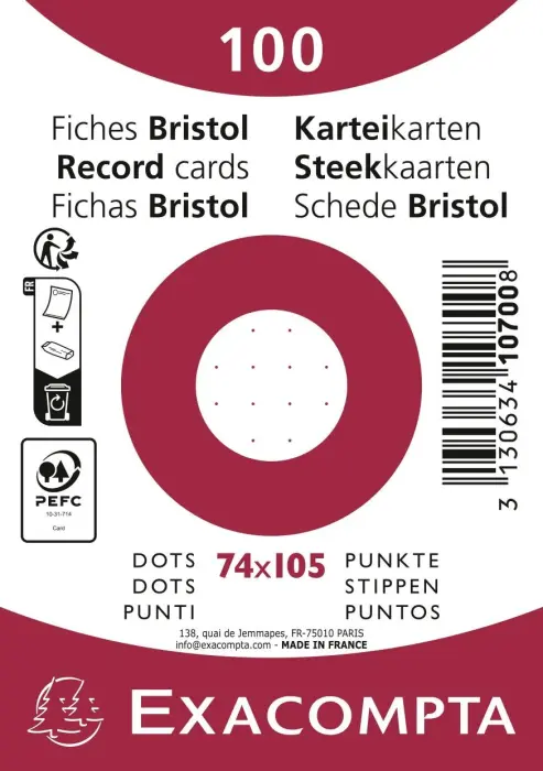Paquet 100 fiches sous film - bristol dots non perforé - 74x105mm - Blanc