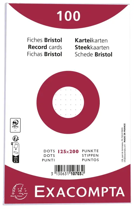 Paquet 100 fiches sous film - bristol dots non perforé - 125x200mm - Blanc