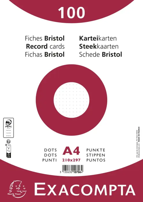 Paquet 100 fiches sous film - bristol dots non perforé - 210x297mm - Blanc