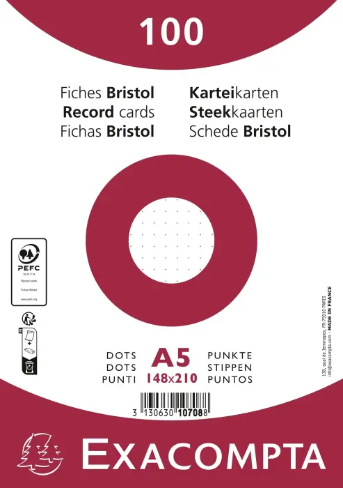 Paquet 100 fiches sous film - bristol dots non perforé - 148x210mm - Blanc