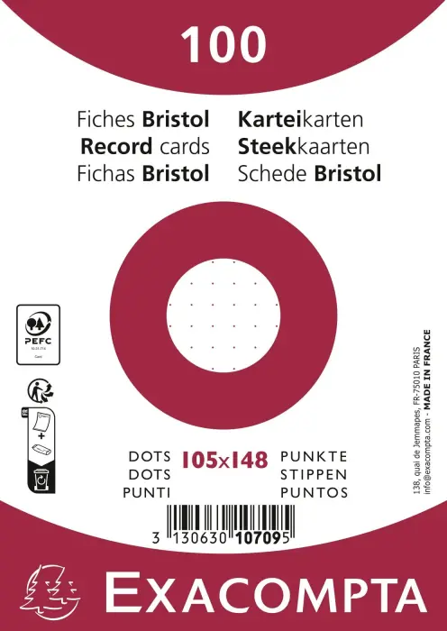 Paquet 100 fiches sous film - bristol dots non perforé - 105x148mm - Blanc