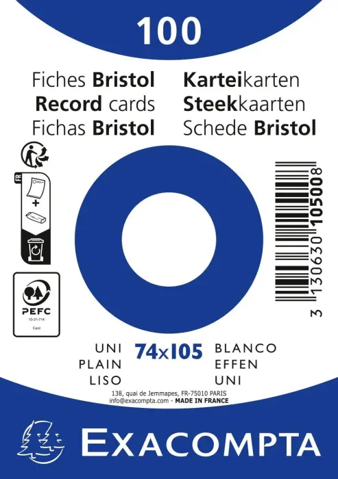 Paquet 100 fiches sous film - bristol uni non perforé 74x105mm - Blanc