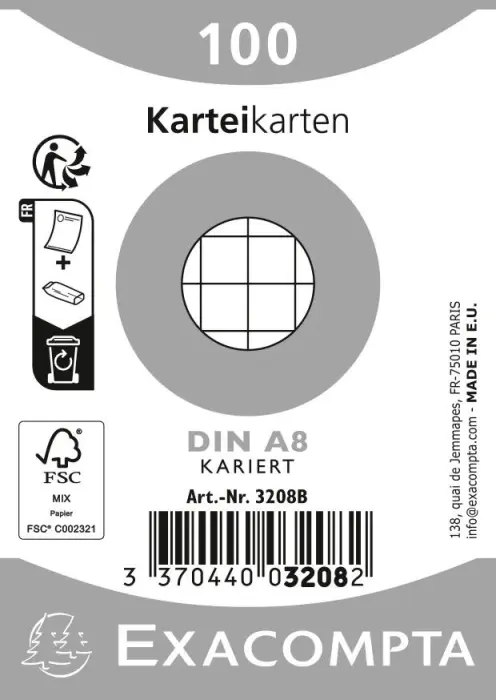 Paquet 100 fiches sous film - bristol quadrillé 5x5 non perforé 55x74mm - Blanc