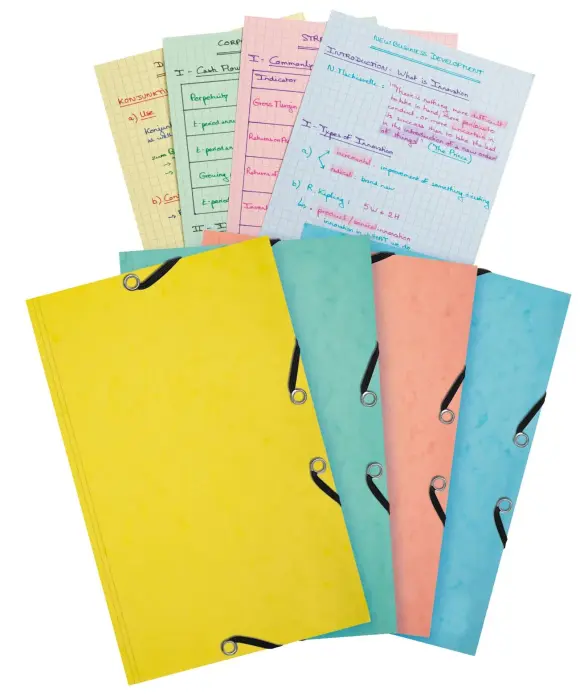 Chemise 3 rabats à élastiques Aquarel + 25 fiches bristol 125x200mm - 4 couleurs assorties - Couleurs assorties