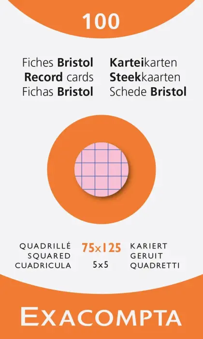 Étui de 100 fiches - bristol quadrillé 5x5 non perforé 75x125mm - Couleurs assorties