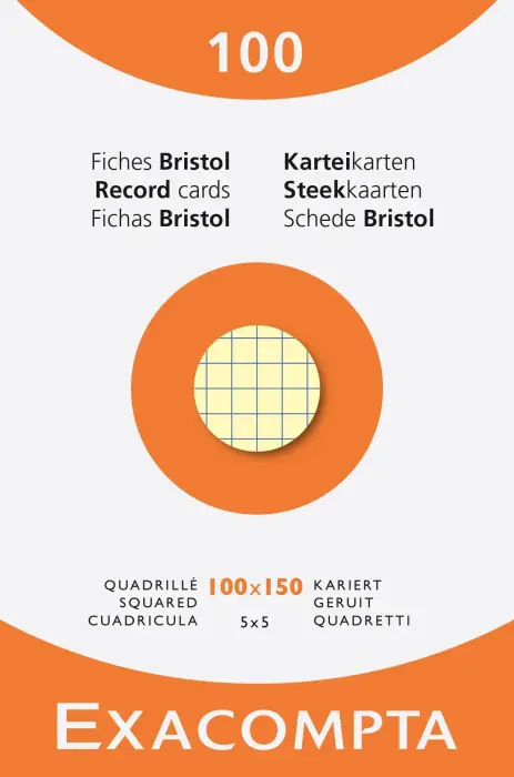 Étui de 100 fiches - bristol quadrillé 5x5 non perforé 100x150mm - Couleurs assorties