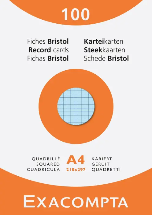 Étui de 100 fiches - bristol quadrillé 5x5 non perforé 210x297mm - Couleurs assorties