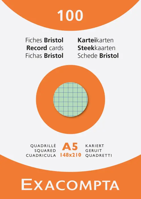 Étui de 100 fiches - bristol quadrillé 5x5 non perforé 148x210mm - Couleurs assorties