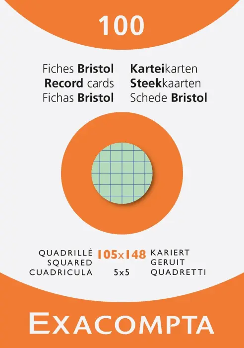 Étui de 100 fiches - bristol quadrillé 5x5 105x148mm - Couleurs assorties