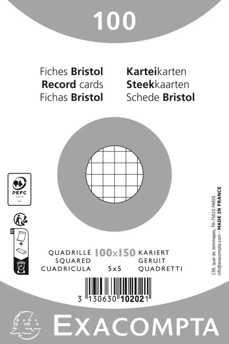 Paquet 100 fiches sous film - bristol quadrillé 5x5 non perforé - 100x150mm - Blanc