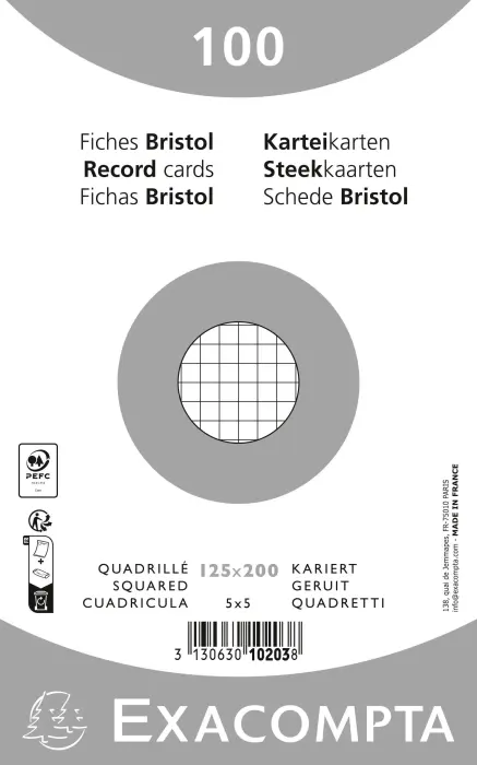 Paquet 100 fiches sous film - bristol quadrillé 5x5 non perforé 125x200mm - Blanc