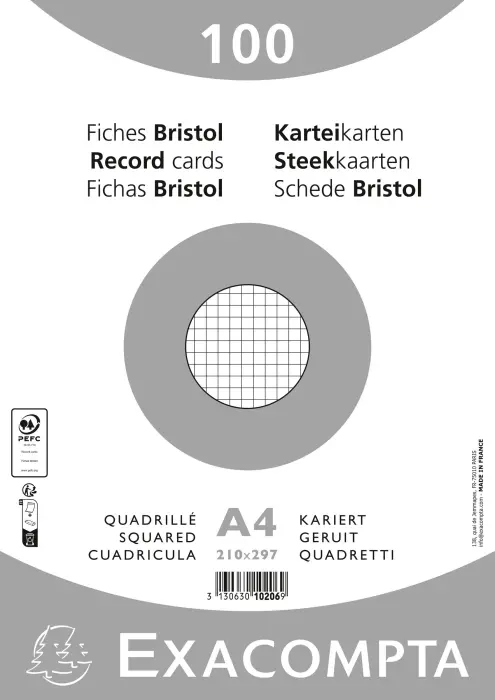 Paquet 100 fiches sous film - bristol quadrillé 5x5 non perforé 210x297mm - Blanc