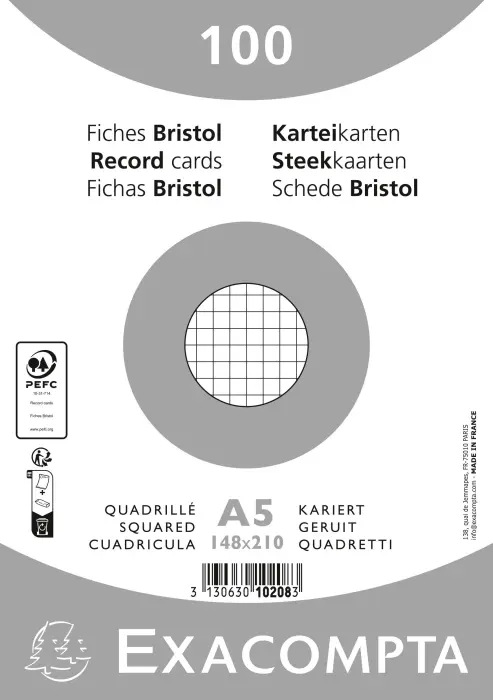 Paquet 100 fiches sous film - bristol quadrillé 5x5 non perforé 148x210mm - Blanc