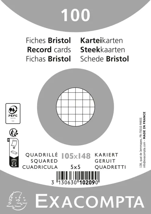 Paquet 100 fiches sous film - bristol quadrillé 5x5 non perforé 105x148mm - Blanc