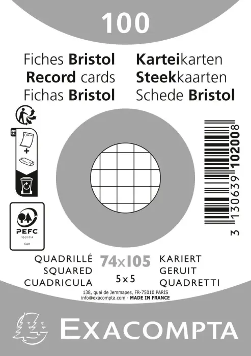 Paquet 100 fiches sous film - bristol quadrillé 5x5 non perforé 74x105mm - Blanc