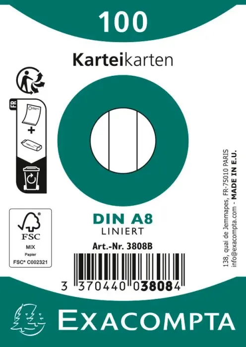 Paquet 100 fiches sous film - bristol ligné non perforé 55x74mm - Blanc