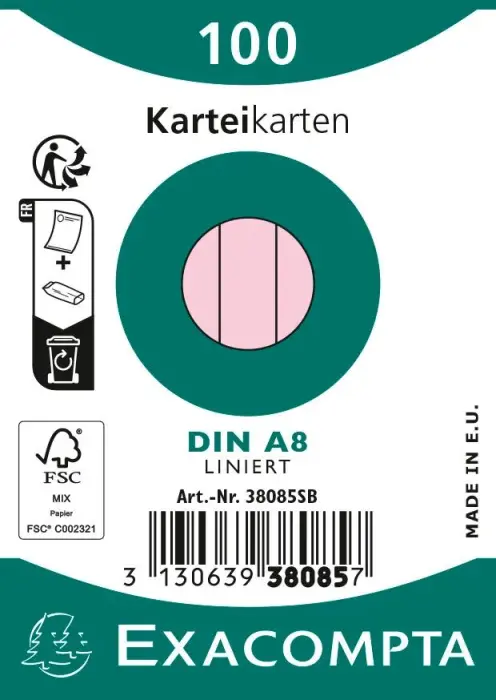 Paquet 100 fiches sous film - bristol ligné non perforé 55x74mm - Rose