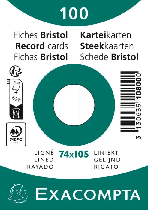 Paquet 100 fiches sous film - bristol ligné non perforé 74x105mm - Blanc