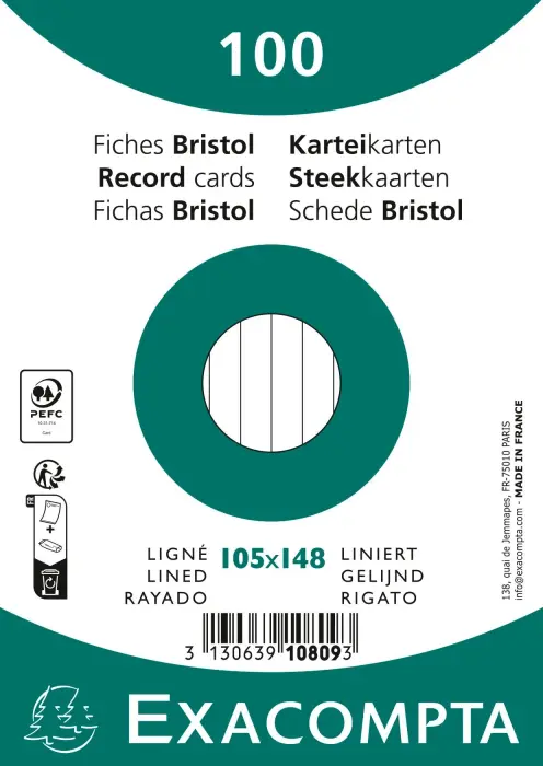 Paquet 100 fiches sous film - ligné non perforé - 105x148mm - Blanc